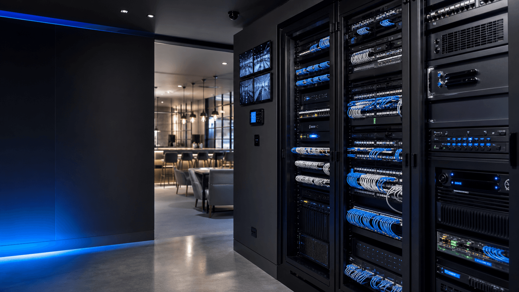 Integrated commercial network cabinet, CCTV and AV infrastructure